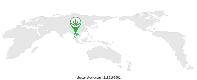 Weltkarte mit Cannabis Ortsmarkierungssymbol auf der Landkarte der Regionen Thailands. 9. Juni 2022, thailändisches Gesetz unverschlossen Cannabis, Menschen können in ihren Haushalten wachsen und kommerzielle, essbare Strok