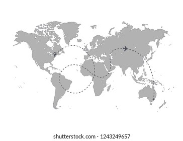 World map with Caotic Airplane Route. Travel and tourism concept. Airplane route. Vector illustration