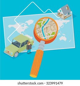 World map, car, man and magnifying glass. Flat vector