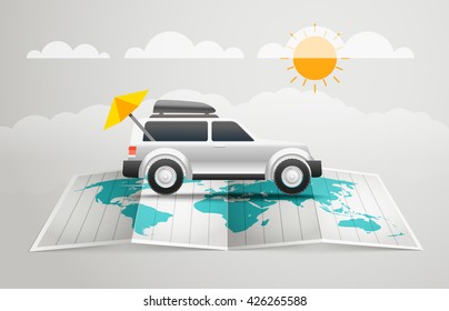 World map with the car. Vector infographic elements. Summer vacation vector concept