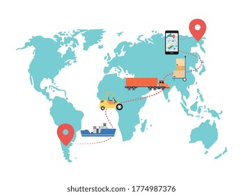 World map with cargo delivery route - global logistics and transportation service poster with overseas and international shipping transport. Vector illustration.