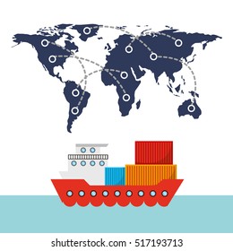 world map and cargo ship vehicle over white background. import and export design. vector illustration