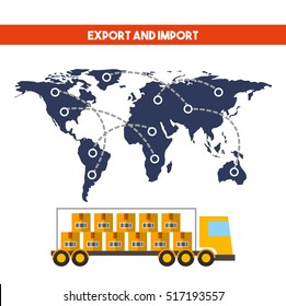 world map and cargo truck vehicle over white background. import and export design. vector illustration