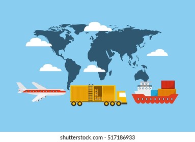 world map with cargo vehicles  over blue background. export and import colorful design. vector illustration