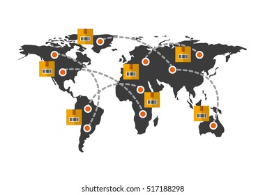 world map with carton boxes and arrows connection. export and import colorful design. vector illustration