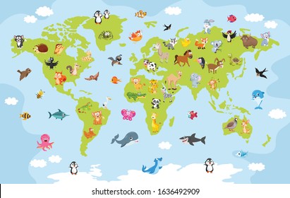 World Map With Cartoon Animals