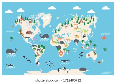 The world map with cartoon animals for kids, nature, discovery, ocean. vector Illustration.