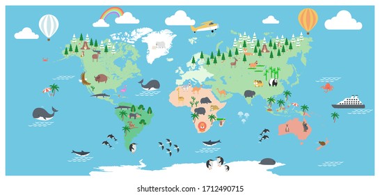 The world map with cartoon animals for kids, nature, discovery, ocean. vector Illustration.