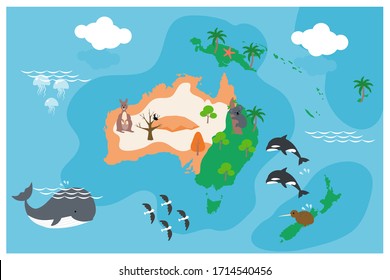 The world map with cartoon animals for kids, nature, discovery, Australia. vector Illustration.