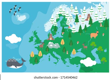 The world map with cartoon animals for kids, nature, discovery, Europe. vector Illustration.