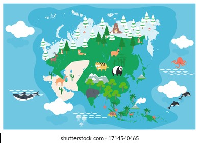 The world map with cartoon animals for kids, nature, discovery, Asia. vector Illustration.
