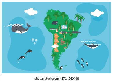 The world map with cartoon animals for kids, nature, discovery, South America. vector Illustration.