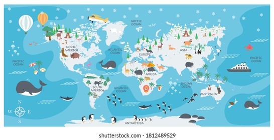 The world map with cartoon animals for kids, nature, discovery and continent name, ocean name, vector Illustration.