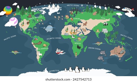 The world map with cartoon animals for kids, nature, discovery and continent name, ocean name, vector Illustration.