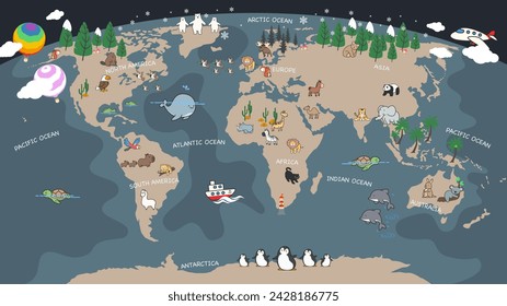 The world map with cartoon animals for kids, nature, discovery and continent name, ocean name, vector Illustration.