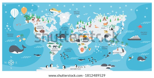The\
world map with cartoon animals for kids, nature, discovery and\
continent name, ocean name, vector\
Illustration.
