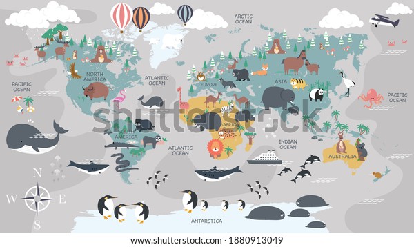 The world map with cartoon animals for\
kids, nature, discovery and continent name, ocean name, countries\
name. vector Illustration.