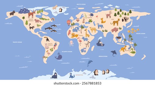 World map with cartoon wild animals living on different continents and in oceans. Vector kids wall art with wildlife and continents. America and Europe, Asia and Africa, Australia and Arctic