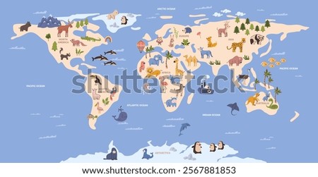 World map with cartoon wild animals living on different continents and in oceans. Vector kids wall art with wildlife and continents. America and Europe, Asia and Africa, Australia and Arctic