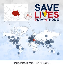 World Map with cases of Coronavirus focus on Romania, COVID-19 disease in Romania. Slogan Save Lives with flag of Romania. Vector template.