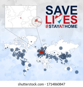 World Map with cases of Coronavirus focus on Luxembourg, COVID-19 disease in Luxembourg. Slogan Save Lives with flag of Luxembourg. Vector template.
