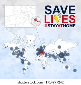 World Map with cases of Coronavirus focus on Vatican City, COVID-19 disease in Vatican City. Slogan Save Lives with flag of Vatican City. Vector template.