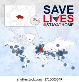 World Map with cases of Coronavirus focus on Czech Republic, COVID-19 disease in Czech Republic. Slogan Save Lives with flag of Czech Republic. Vector template.