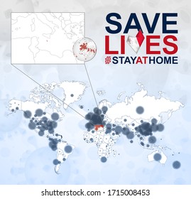 World Map with cases of Coronavirus focus on Malta, COVID-19 disease in Malta. Slogan Save Lives with flag of Malta. Vector template.
