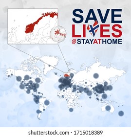 Mapa Mundial con casos de Coronavirus centrado en Noruega, enfermedad COVID-19 en Noruega. Lema Salvemos vidas con bandera de Noruega. Plantilla vectorial.