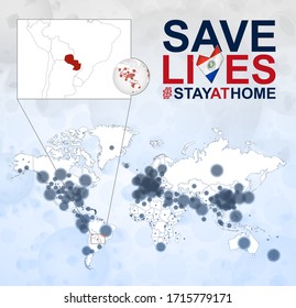 Mapa Mundial con casos de Coronavirus enfocados en Paraguay, enfermedad COVID-19 en Paraguay. Lema Salvemos vidas con la bandera de Paraguay. Plantilla vectorial.