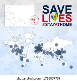 World Map with cases of Coronavirus focus on Saint Vincent and the Grenadines, COVID-19 disease. Vector template.