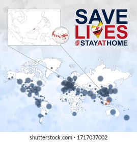 Mapa Mundial con casos de Coronavirus enfocados en Brunéi, enfermedad COVID-19 en Brunei. Lema Salvemos vidas con la bandera de Brunei. Plantilla vectorial.