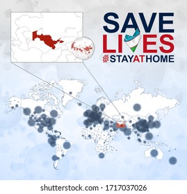 Mapa Mundial con casos de Coronavirus enfocados en Uzbekistán, enfermedad COVID-19 en Uzbekistán. Lema Salvemos vidas con la bandera de Uzbekistán. Plantilla vectorial.