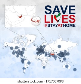 World Map with cases of Coronavirus focus on United Arab Emirates, COVID-19 disease in UAE. Slogan Save Lives with flag of UAE. Vector template.