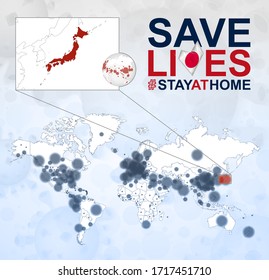 Mapa Mundial con casos de Coronavirus enfocados en Japón, enfermedad COVID-19 en Japón. Lema Salvemos vidas con la bandera de Japón. Plantilla vectorial.