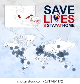 Weltkarte mit Fällen von Coronavirus Fokus auf Malaysia, COVID-19 Krankheit in Malaysia. Slogan Save Leben mit der Flagge von Malaysia. Vorlage für die Vektorillustration.