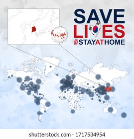 World Map with cases of Coronavirus focus on South Korea, COVID-19 disease in South Korea. Slogan Save Lives with flag of South Korea. Vector template.