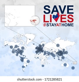 El Mapa Mundial con casos de Coronavirus se centra en Samoa, la enfermedad COVID-19 en Samoa. Lema Salvemos vidas con la bandera de Samoa. Plantilla vectorial.