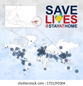 El Mapa Mundial con casos de Coronavirus se centra en Palau, enfermedad de COVID-19 en Palau. Lema Salvemos vidas con la bandera de Palau. Plantilla vectorial.