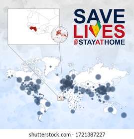 World Map with cases of Coronavirus focus on Guinea, COVID-19 disease in Guinea. Slogan Save Lives with flag of Guinea. Vector template.