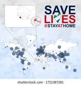 World Map with cases of Coronavirus focus on Sierra Leone, COVID-19 disease in Sierra Leone. Slogan Save Lives with flag of Sierra Leone. Vector template.