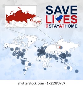 Mapa Mundial con casos de Coronavirus enfocados en Rusia, enfermedad COVID-19 en Rusia. Lema Salvemos vidas con la bandera de Rusia. Plantilla vectorial.