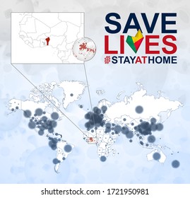 World Map with cases of Coronavirus focus on Benin, COVID-19 disease in Benin. Slogan Save Lives with flag of Benin. Vector template.