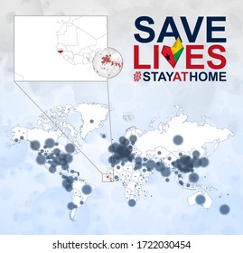 World Map with cases of Coronavirus focus on Guinea-Bissau, COVID-19 disease in Guinea-Bissau. Slogan Save Lives with flag of Guinea-Bissau. Vector template.
