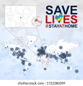 World Map with cases of Coronavirus focus on Rwanda, COVID-19 disease in Rwanda. Slogan Save Lives with flag of Rwanda. Vector template.