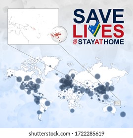 World Map with cases of Coronavirus focus on Solomon Islands, COVID-19 disease in Solomon Islands. Slogan Save Lives with flag of Solomon Islands. Vector template.