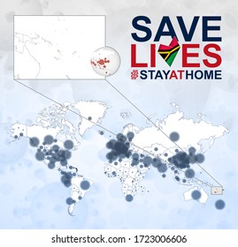 World Map with cases of Coronavirus focus on Vanuatu, COVID-19 disease in Vanuatu. Slogan Save Lives with flag of Vanuatu. Vector template.