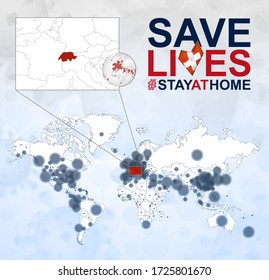 World Map with cases of Coronavirus focus on Switzerland, Slogan Save Lives with flag of Switzerland. Vector template.