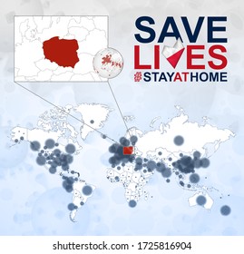 El Mapa Mundial con casos de Coronavirus se centra en Polonia. Lema Salvemos vidas con la bandera de Polonia. Plantilla de vectores.