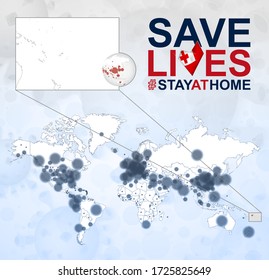 World Map with cases of Coronavirus focus on Tonga. Slogan Save Lives with flag of Tonga. Vector template.